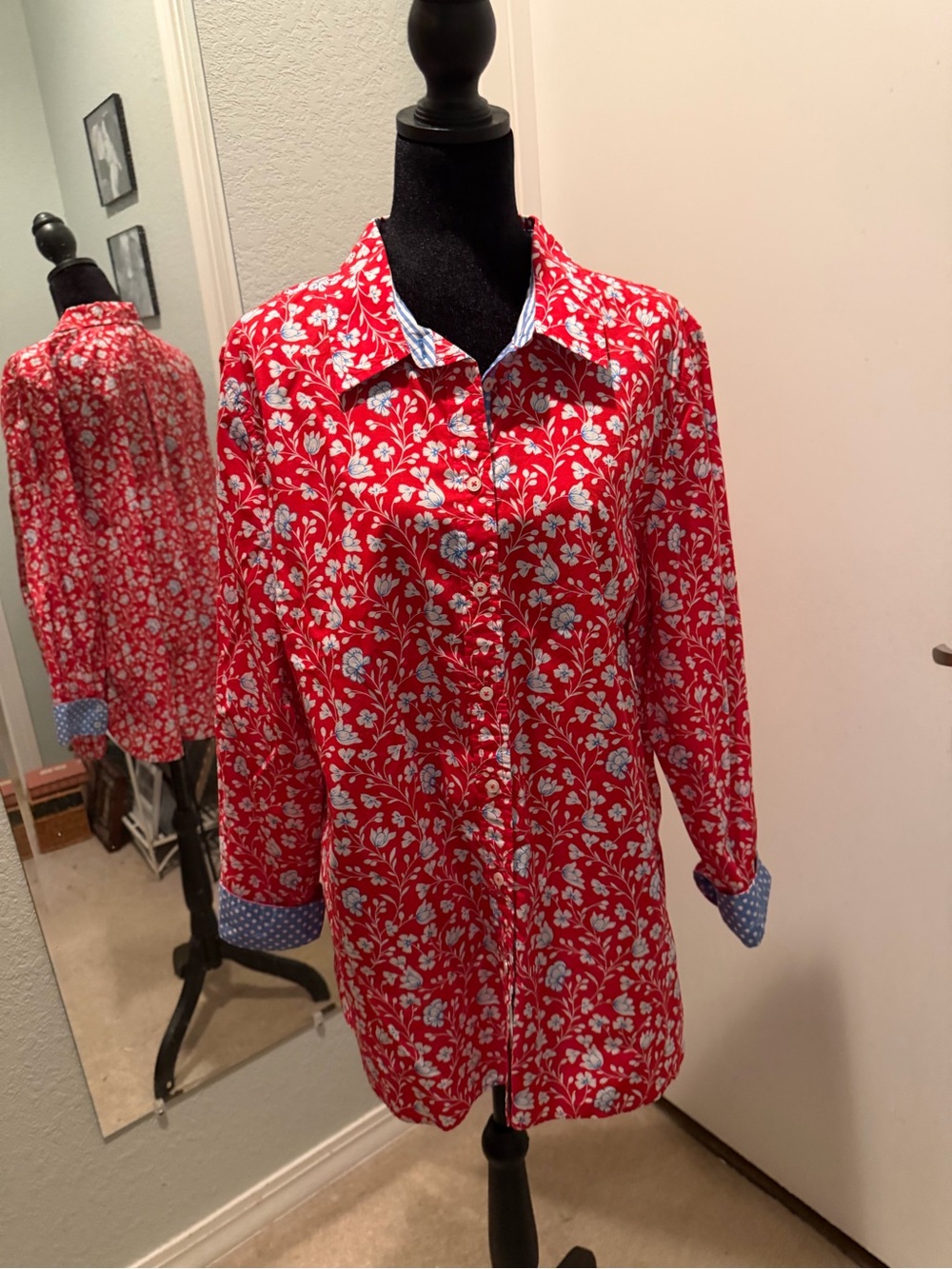 Talbots Red Floral Button-Front Shirt Jacket with Blue Accents